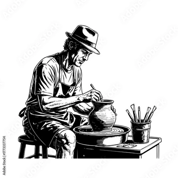 Fototapeta Potter at Work: The artisan meticulously shapes a clay pot on the spinning wheel. An illustrative art that capture the beauty of the craft and skill of hands