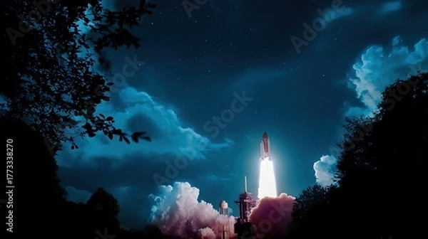 Fototapeta thrust. Rocket launching at night, with a dramatic plume against a starry backdrop. product launch decks, UI/UX mockups, designed for data visualization dashboards and holographic UIs.