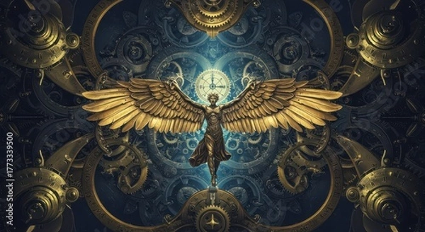 Obraz Winged figure stands centrally against an intricate, dark background composed of interlocking mechanical gears