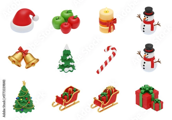 Fototapeta Illustration of christmas set isolated on transparent background with santa hat and gift box