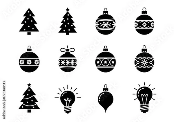 Obraz Illustration of black and white christmas ornament and tree icon set isolated on transparent background
