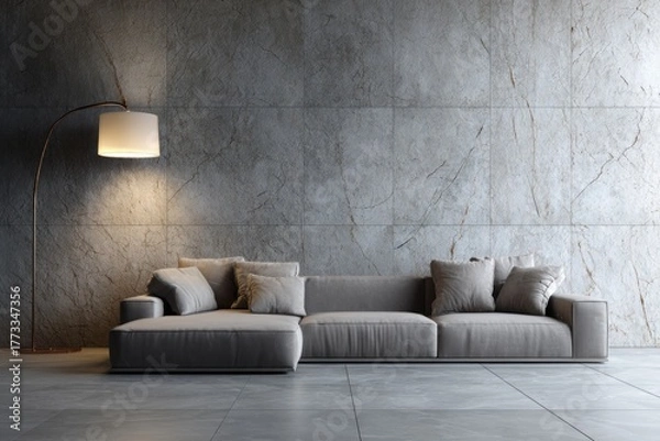 Obraz Modern living room with sectional sofa and arc floor lamp against stone wall.