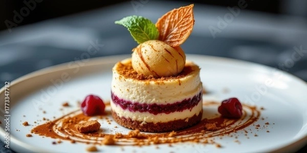 Fototapeta A signature dessert presented in an avant garde style, merging creation artistry, selection elegance, marketing flair, and storytelling charm
