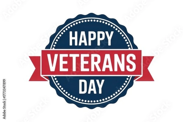 Fototapeta Happy veterans day emblem with red banner and blue scalloped circle on a white background