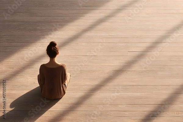 Fototapeta Peaceful Overhead View of Woman on Wooden Floor with Sunlight Shadows