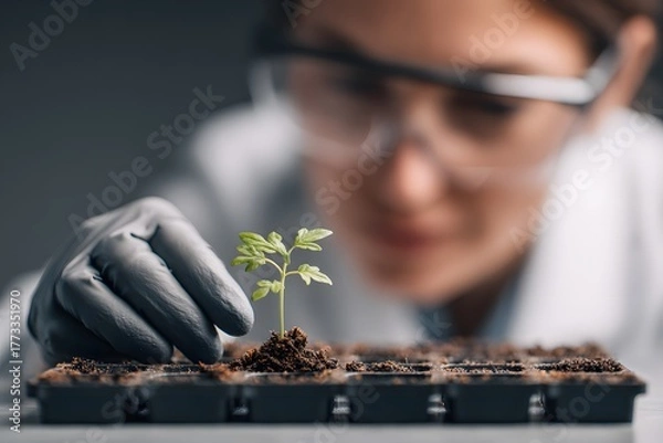 Fototapeta Scientist Nurturing Young Plant in Lab