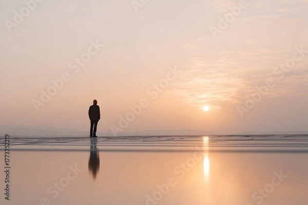 Fototapeta Solitary Figure at Golden Hour Reflection