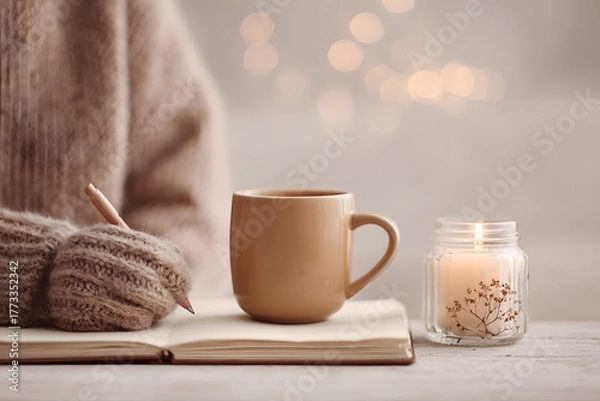 Fototapeta Cozy Evening: Journaling with a Warm Drink and Candlelight