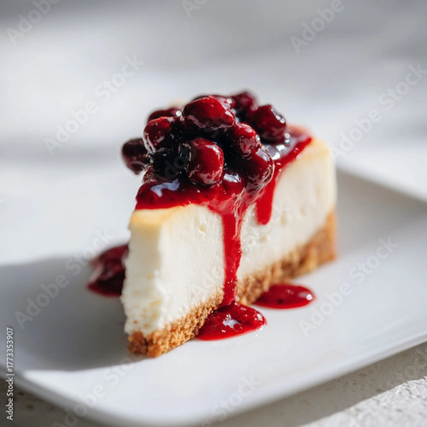 Fototapeta Creamy cheesecake slice topped with glossy berry compote and crumbs on plate, bright lighting highlighting smooth texture and color contrast.