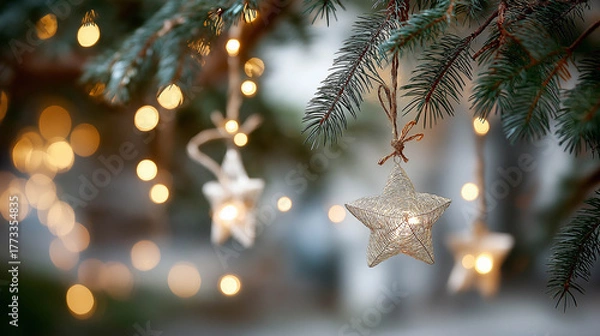 Fototapeta Decorative star ornaments hanging from evergreen branches, illuminated by soft glowing lights, creating a warm and festive atmosphere for holiday celebrations and seasonal joy