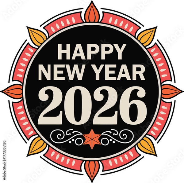 Fototapeta Happy new year 2026 circular vintage badge vector illustration with ornamental elements and retro color palette.