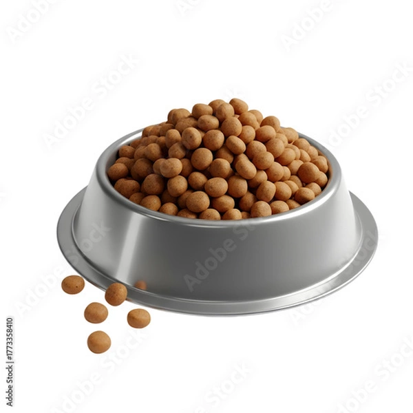 Obraz A stainless steel pet food bowl overflowing with dry kibble and some scattered pieces