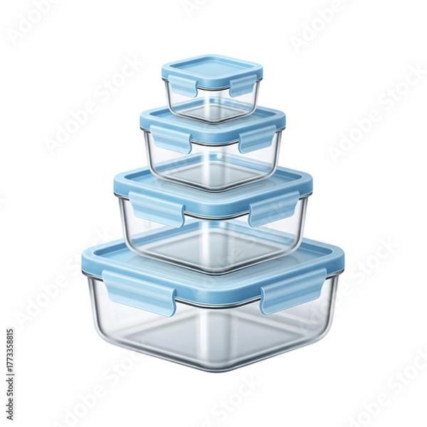 Obraz Stack of four clear glass food storage containers with light blue lids for kitchen organization