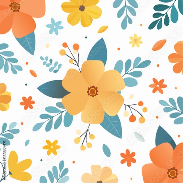 Obraz Floral Pattern with Orange Yellow White Flowers and BlueGreen Leaves on White Background.