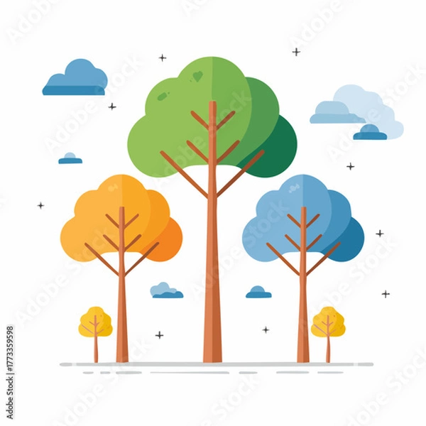 Obraz Stylized Trees with Green Orange and Blue Foliage in Flat Vector Illustration.
