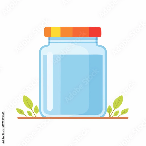 Obraz Cartoon Jar with Water and Colorful Lid Surrounded by Green Leaves.