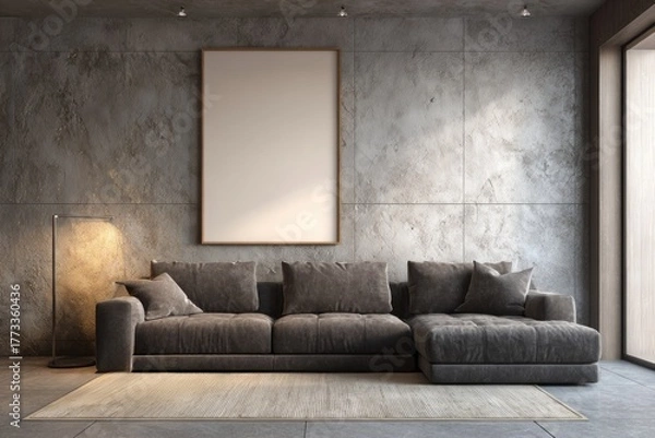 Fototapeta Spacious modern living room with dark sofa and blank frame.