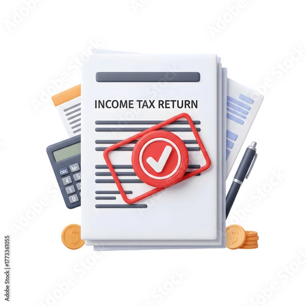 Obraz Successful income tax return filing concept with calculator coins and pen symbol