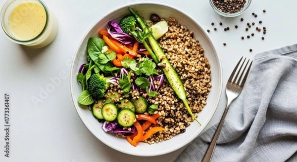 Obraz Flat Lay Composition of a Wholesome Bowl with Ancient Grains and Fresh Colorful Produce