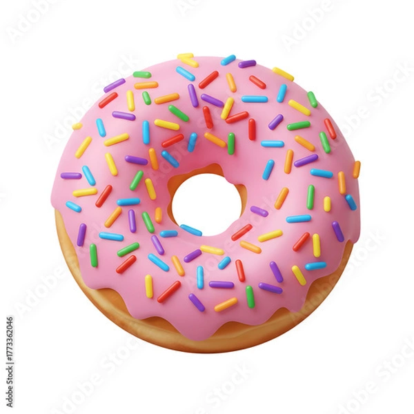 Fototapeta Delicious pink frosted donut with colorful sprinkles close up studio shot