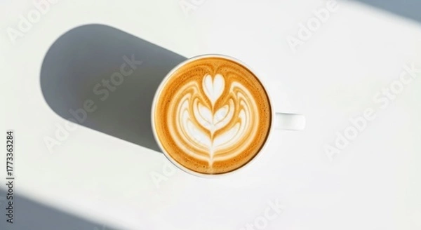 Fototapeta Bright Flat Lay Composition of Hot Coffee with Foam Art for Serene Morning Focus