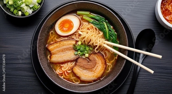 Obraz Steaming Spicy Ramen Noodle Bowl with Rich Broth and Egg for an Authentic Comforting Dinner