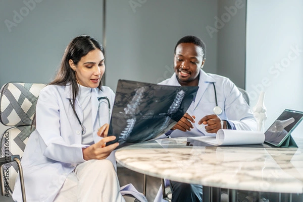 Obraz Two diverse doctors collaborate in a medical hospital, examining test results and discussing X-ray scans and use tablet computer. They focus on patient health and treatment strategies.