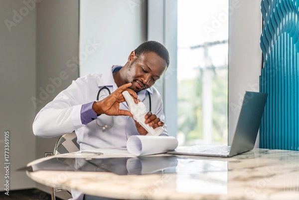 Fototapeta Male doctor is explaining something using an anatomical model bone while having online consultation with a patient, talking scoliosis, herniated discs, osteoporosis, diagnosing bone density issues
