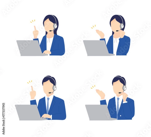 Fototapeta ヘッドセットをしてコールセンターで働く男女のオペレーター