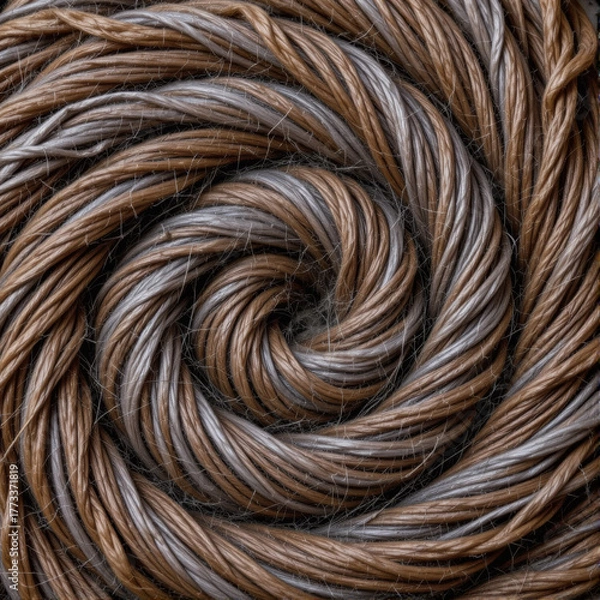 Fototapeta Brown fiber gray fiber rope texture spiral pattern macro detail natural material rustic style closeup swirl tactile surface braided strand evoke