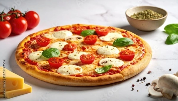 Fototapeta Round pizza mozzarella, tomatoes, basil on white marble