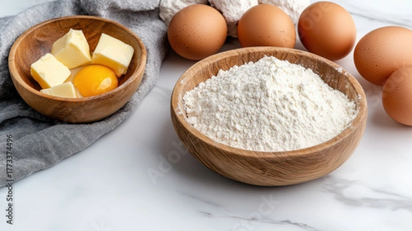 Fototapeta Fresh eggs, flour, butter, and cozy kitchen setting create perfect baking atmosphere