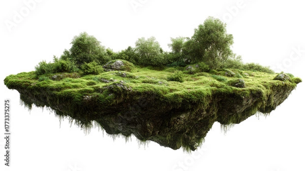 Fototapeta Land covered in lush moss floating gracefully with vibrant green texture and natural landscape element isolated on white background