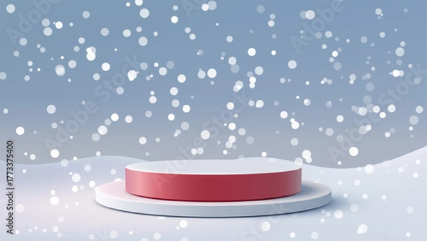 Fototapeta Minimalist Christmas Winter Scene with Product Display Podium and Falling Snow Background for Festive Holiday Mockup Showcase