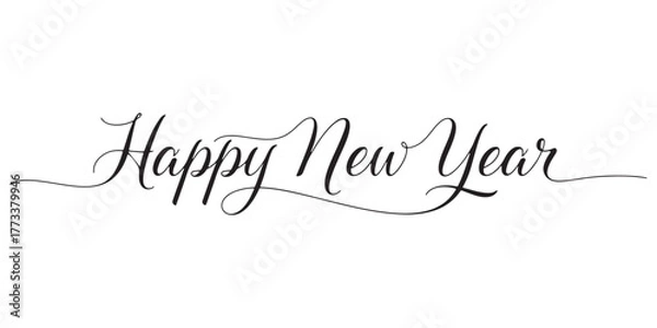 Fototapeta Elegant “Happy New Year” calligraphy text with graceful swirls and cursive style, perfect for holiday greetings, celebration cards, and festive designs on a white background.