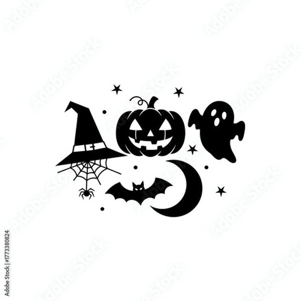 Fototapeta Halloween Night Circle Icon with Jack-o'-Lantern, Ghost, Bats, and Witch Hat - Monochrome Graphic Vector Illustration