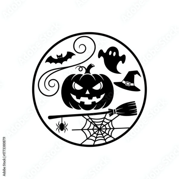 Fototapeta Halloween Silhouette Icon Set. Spooky Circle Design with Jack-O'-Lantern, Ghost, Bat, Witch Hat, Spider Web, and Broomstick.