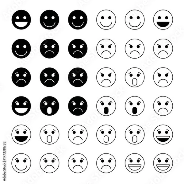 Fototapeta Collection of various black and white emoji faces expressing different emotions.