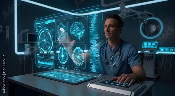 Fototapeta Futuristic Medicine: Doctor Interacting with Holographic Display for Advanced Diagnostics and Treatment Planning