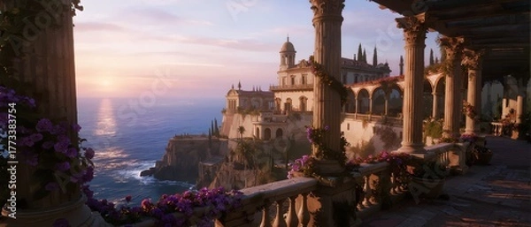 Obraz A grand coastal palace at sunset, viewed from a columned terrace adorned with flowers
