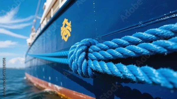 Obraz Blue rope tied to a ship's hull with a yellow emblem, docked at sea under a clear sky