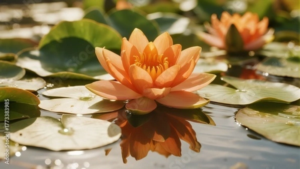Obraz Orange water lily blooming on a pond with lily pads and reflections