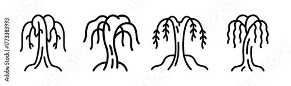 Fototapeta Four stylized weeping willow trees line art simple organic nature forms
