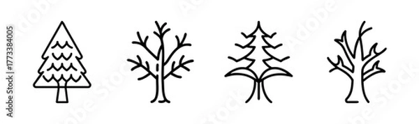 Fototapeta Collection of four distinct line art trees including conifer and deciduous varieties