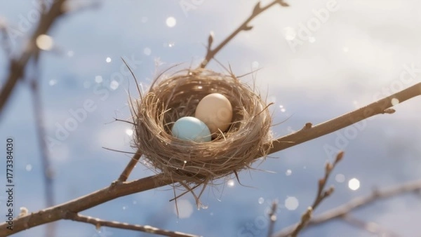 Obraz Bird nest with two eggs perched on a branch against a bright sky