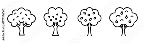 Fototapeta Four hand drawn apple trees with varied fruit displays simple line art style