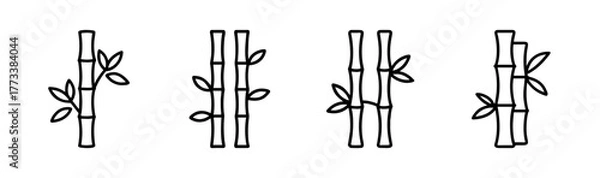 Fototapeta Simple outline bamboo stalks with leaves icon set natural plant elements for design