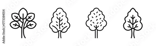 Fototapeta Set of four distinct line art alder trees botanical style simple outline icons