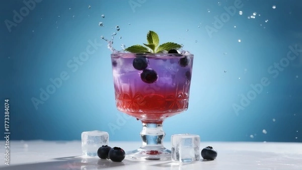 Obraz A vibrant purple and red cocktail in a glass with blueberries, mint, and ice cubes, set against a blue background with splashing liquid.