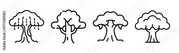 Fototapeta Set of four distinctive banyan tree line art icons perfect for nature and organic designs